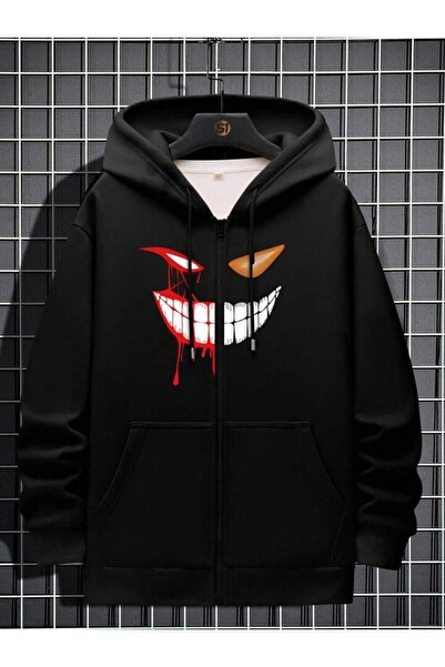 modaberry Çirkin Yüz Sweatshirt Fermuarlı Hırka - Siyah Baskılı Oversize Cepl...