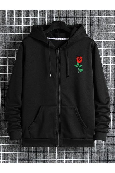 modaberry Ζακέτα με φερμουάρ Rose Sweatshirt - Μαύρη στάμπα Oversize Winter Hoodie με τσέπες