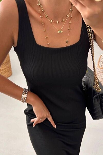 Ded COLLECTION Γυναικείο μίντι φόρεμα με μαύρο τετράγωνο λαιμό, καλοκαιρινό χ...