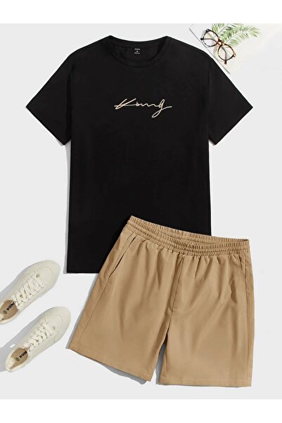 SeusCraft Σορτς King Letter T-Shirt - Μαύρο Μπεζ κάτω επάνω ομαδικό σορτς συν...