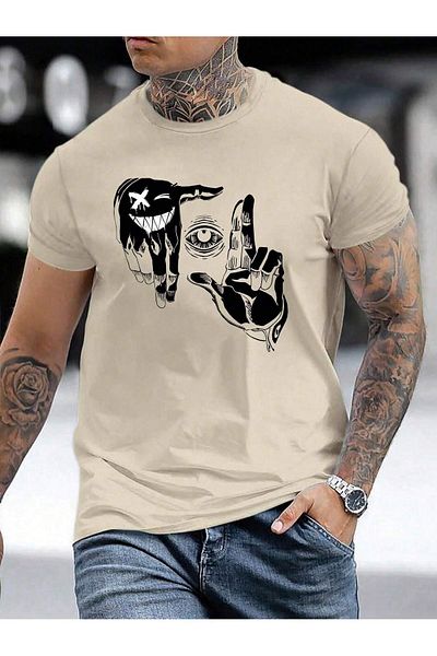 modaberry T-Shirt Eye Hand Symbol - Μπεζ εμπριμέ κοντό μανίκι με λαιμόκοψη