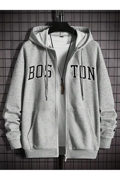 modaberry Boston Summer Sweatshirt Zippered Cardigan - Gray Printed Oversize Pocket Winter Hoodie
