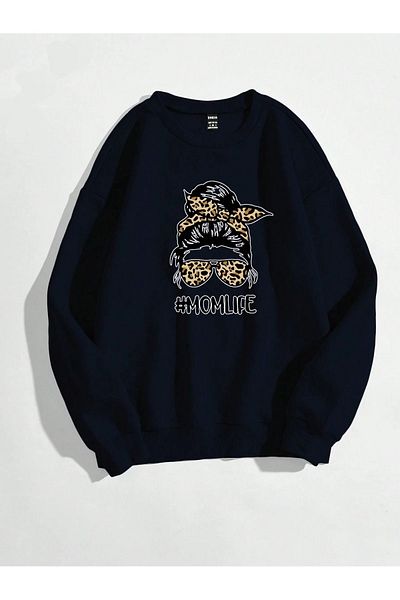 modaberry Momlife Sweatshirt - Black Printed Oversize Thick Crew Neck