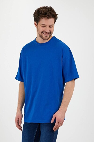 JAKARLI Унисекс памучна тениска с кръгло деколте, саксофон, синя, голям размер