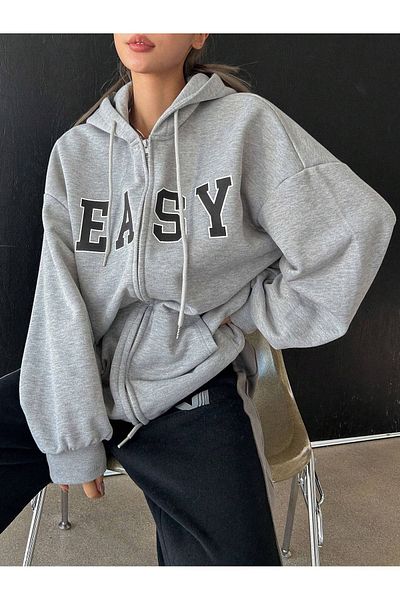 modaberry Easy Sweatshirt Zippered Cardigan - Gray Printed Oversize Pocket Winter Hoodie