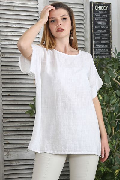 Chiccy Ιταλική λευκή μπλούζα με λαιμόκοψη με χαμηλό μανίκι που πλένεται υφασμένη casual μπλούζα