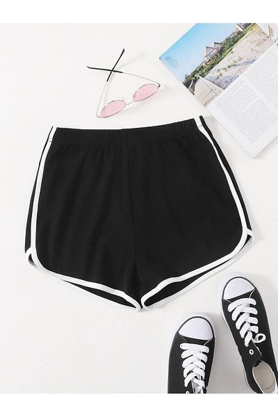 modaberry Basic Plain Piping White Stripe Shorts - Μαύρο μη εμπριμέ καλοκαιρινό με τσέπες