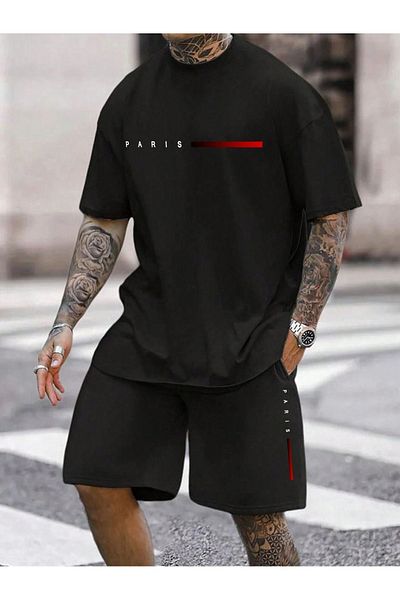 modaberry Paris Stripe T-Shirt Shorts - Black Shorts T-Shirt Top and Bottom Set Printed Crew Neck