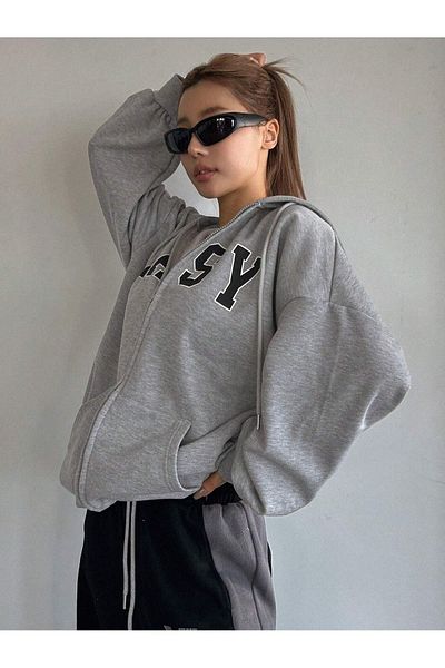 modaberry Easy Sweatshirt Zippered Cardigan - Gray Printed Oversize Pocket Winter Hoodie
