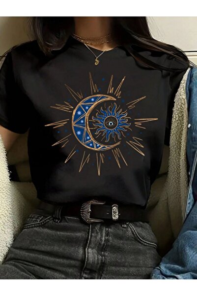 modaberry Moon Sun Eye T-Shirt - Black Printed Oversize Short Sleeve Crew Neck