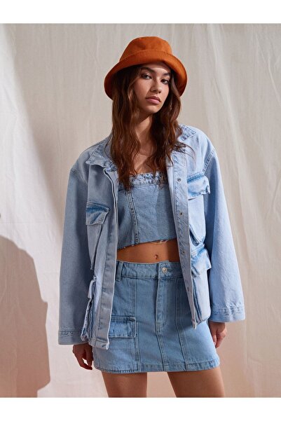 Dilvin 65317 Palton din denim cu buzunar cu burduf-Albastru