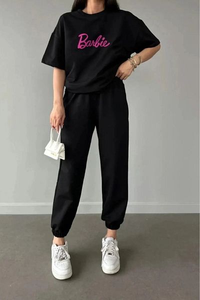 modaberry T-shirt Φούτερ Jogger - Σετ φόρμας με μαύρο στάμπα Oversize Crew Neck