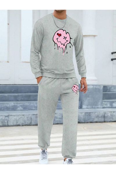 modaberry Σετ αθλητικής φόρμας Heart Emoji Combination Bottom Top - Γκρι εμπριμέ Oversize Rubber Leg Crew Neck