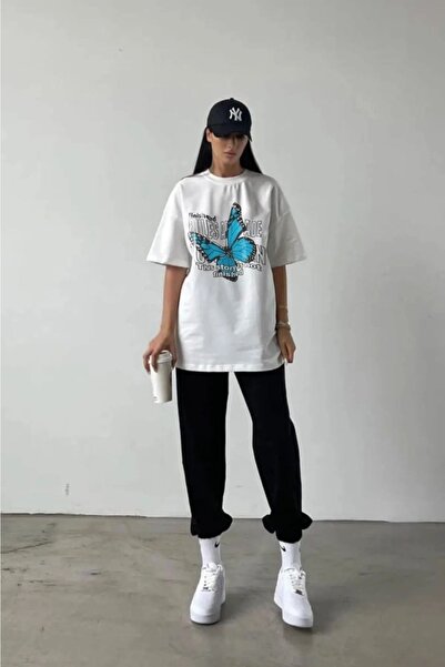 Trendglow Rules Butterfly T-shirt Sweatpants Jogger - Λευκή μαύρη στάμπα αθλητική φόρμα Oversize Crew Neck