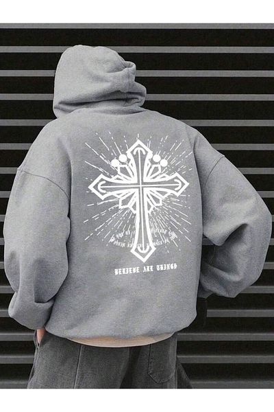 modaberry Суитшърт с модерен дизайн Cross - сив, с щампа и дебела качулка