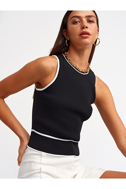 Dilvin 10391 Велосипедна блуза с ребриста яка - Черно-Екру