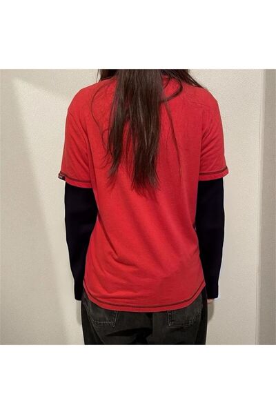 Köstebek Harajuku Gothic Punk Black Sleeve Detail Red Long Sleeve