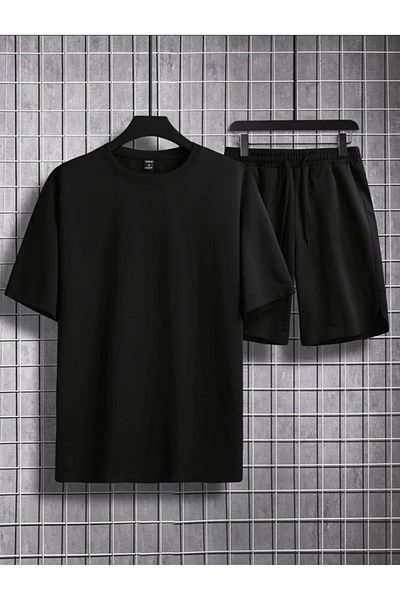 modaberry Basic Plain T-Shirt Shorts - Black Shorts T-Shirt Top and Bottom Set Unprinted Crew Neck
