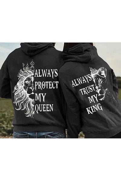 modaberry 2'L Queen King Lions Lover Combination Sweatshirt - Black Printed Oversize Winter Hoodie
