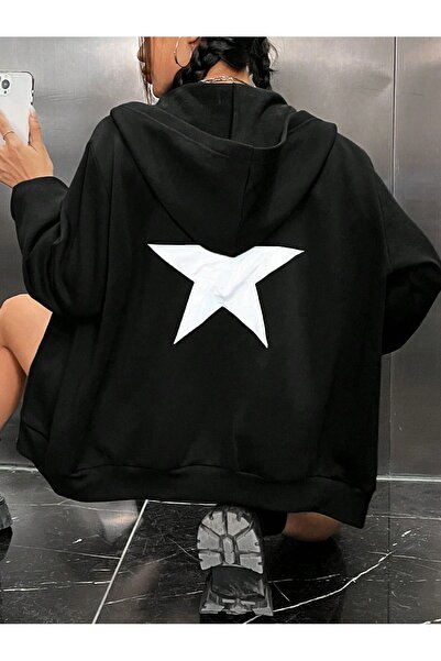 modaberry Hanorac oversize negru cu model de stele - Cardigan de iarnă cu buz...