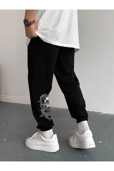 modaberry Dragon Leg Detail Sweatpants Jogger - Μαύρο εμπριμέ ψηλόμεσο ελαστικό πόδι