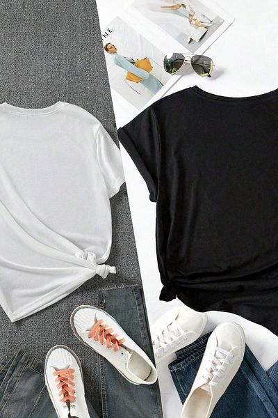 modaberry 2 Pack Evil Eye Beaded Eye T-Shirt - Black and White Printed Oversize Short Sleeve Crew Neck