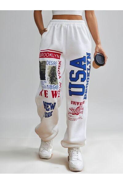 Trendglow Brooklyn Desire 1898 Sweatpants Jogger - Λευκό εμπριμέ λαστιχένιο πόδι ψηλόμεσο καλοκαίρι