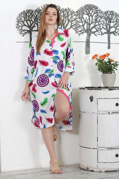 Chiccy Rochie casual țesută cu imprimeu, cu mânecă lungă, cu buzunar ascuns, cu guler alb-visiniu