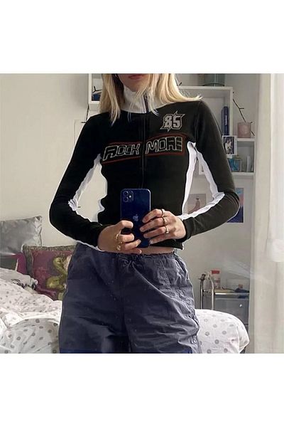 Köstebek Retro Rock More 85 Zippered Turtleneck Crop Cardigan