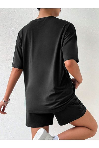 modaberry Love Yourself T-shirt και σορτς - Μαύρο σορτς T-shirt στο κάτω μέρος Σετ φόρμας Oversize Crew Neck