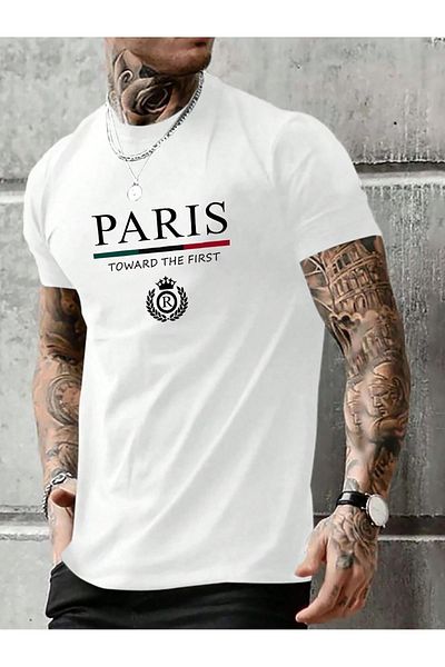 modaberry Tricou Paris First - Imprimat alb cu mânecă scurtă și decolteu