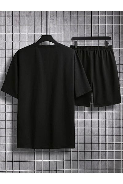modaberry Basic Plain T-Shirt Shorts - Black Shorts T-Shirt Top and Bottom Set Unprinted Crew Neck