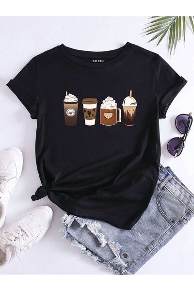 SeusCraft T-Shirt Coffee Cups - Μαύρο με στάμπα Oversize καλοκαιρινό κοντομάν...