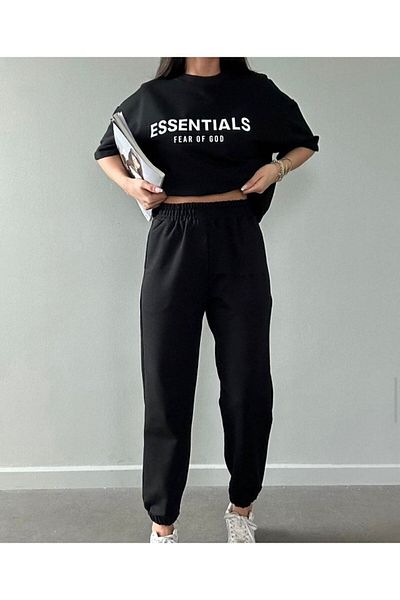 modaberry Σετ φόρμας Jogger Esentials Fear Black Printed - Oversize Crew Neck