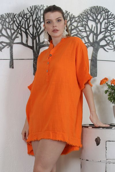 Chiccy Italian Orange Prevailing Collar Short Sleeve Buttoned Washed Sleeve and Skirt Tasseled Woven Casual Tunic
