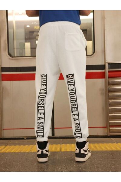 Trendglow Give Yourself Smile Φούτερ Παντελόνι Jogger - Λευκό με στάμπα με λαστιχένιο πόδι ψηλόμεσο χειμερινό