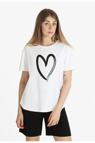 modaberry Μπλουζάκι Big Heart και σορτς - Λευκό μαύρο σορτς T-shirt στο κάτω μέρος Σετ φόρμας Oversize Crew Neck