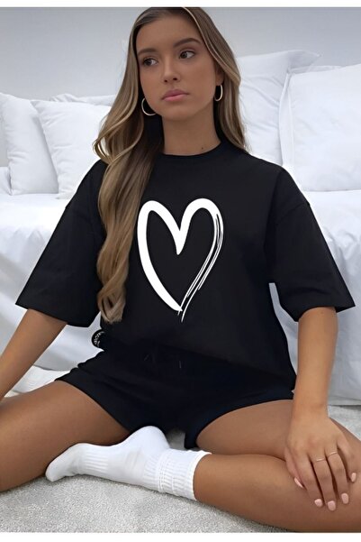modaberry Μπλουζάκι Big Heart και σορτς - Μαύρο σορτς T-shirt στο κάτω μέρος Σετ φόρμας Oversize Crew Neck