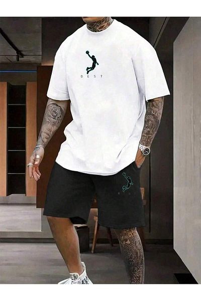 modaberry Καλύτερο T-Shirt σορτς - Μπλουζάκι με λευκό μαύρο σορτς στο κάτω μέρος με στάμπα με λαιμόκοψη