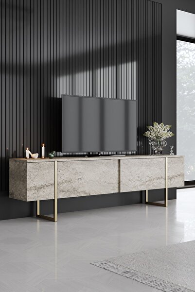 Modatte LUXE TV ÜNİTESİ DEMİR AYAKLI MERMER GOLD