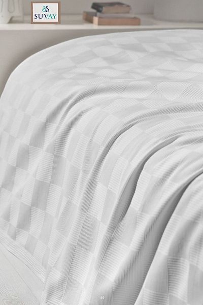 SUVAY Checkerboard Patterned Single Pique Bedspread Checkerboard Pattern White Cotton Bedspread