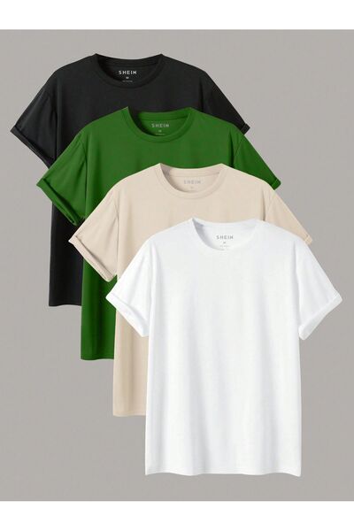 SeusCraft 4'lü Düz Basic Tişört - Siyah Nefti Yeşil Bej Beyaz Oversize Baskıs...