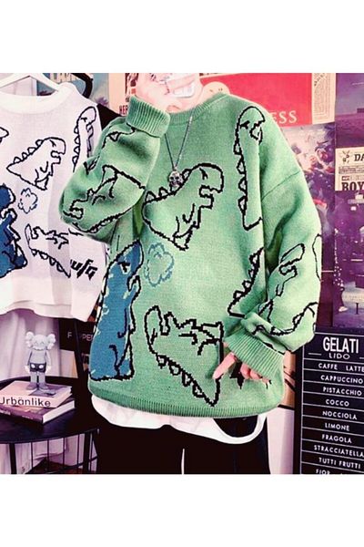 Köstebek Φούτερ Harajuku Green Dinosaur Unisex Oversize