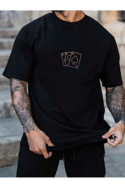 SeusCraft Tricou A Cards - Tricou oversize cu imprimeu negru, de vară, cu mân...