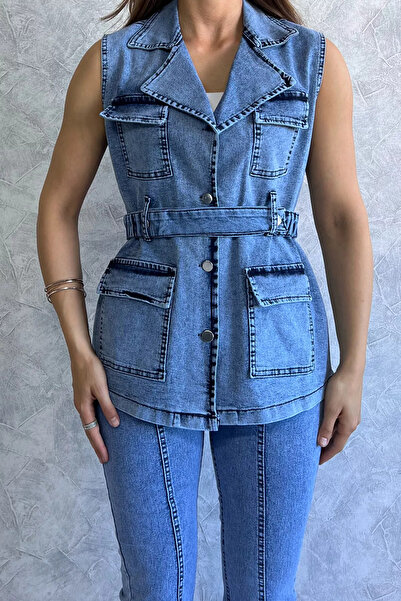 julude Γυναικείο τζιν γιλέκο Lycra - με τσέπες και ζώνη μέσης