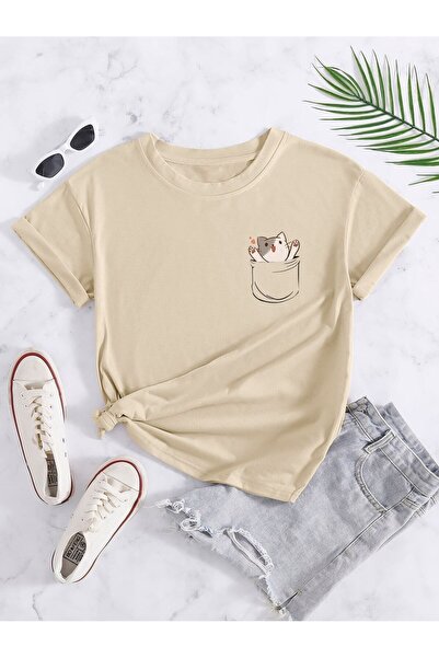 SeusCraft Μπλουζάκι Pocket Kitten - Μπεζ με στάμπα, Oversize, Καλοκαιρινό κον...