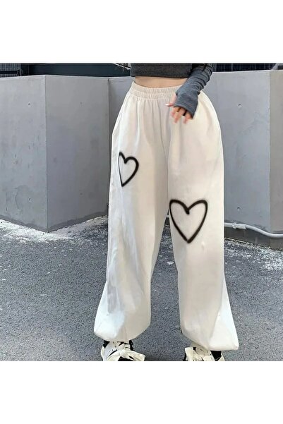 Trendglow Φούτερ με σχέδιο καρδιάς Jogger - Λευκό με τύπωμα Λαστιχένιο πόδι ψηλόμεσο χειμερινό