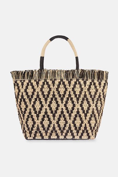 Dagi Ecru-Black Diamond Patterned Straw Beach Bag