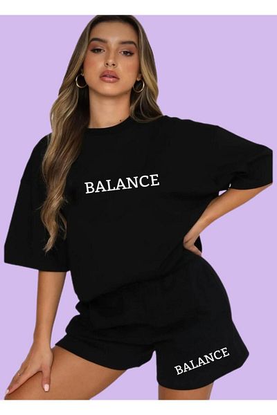 modaberry Balance T-shirt και σορτς - Μαύρο σορτς T-shirt στο κάτω μέρος Σετ φόρμας Oversize Crew Neck