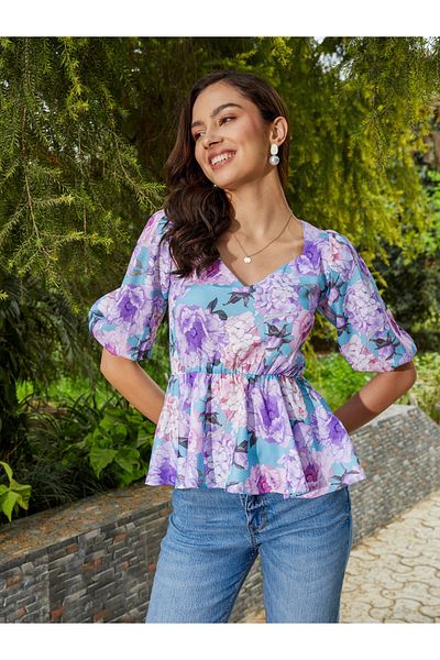 Sassafras By Styli Floral Print Back Criss Cross Tie Peplum Top